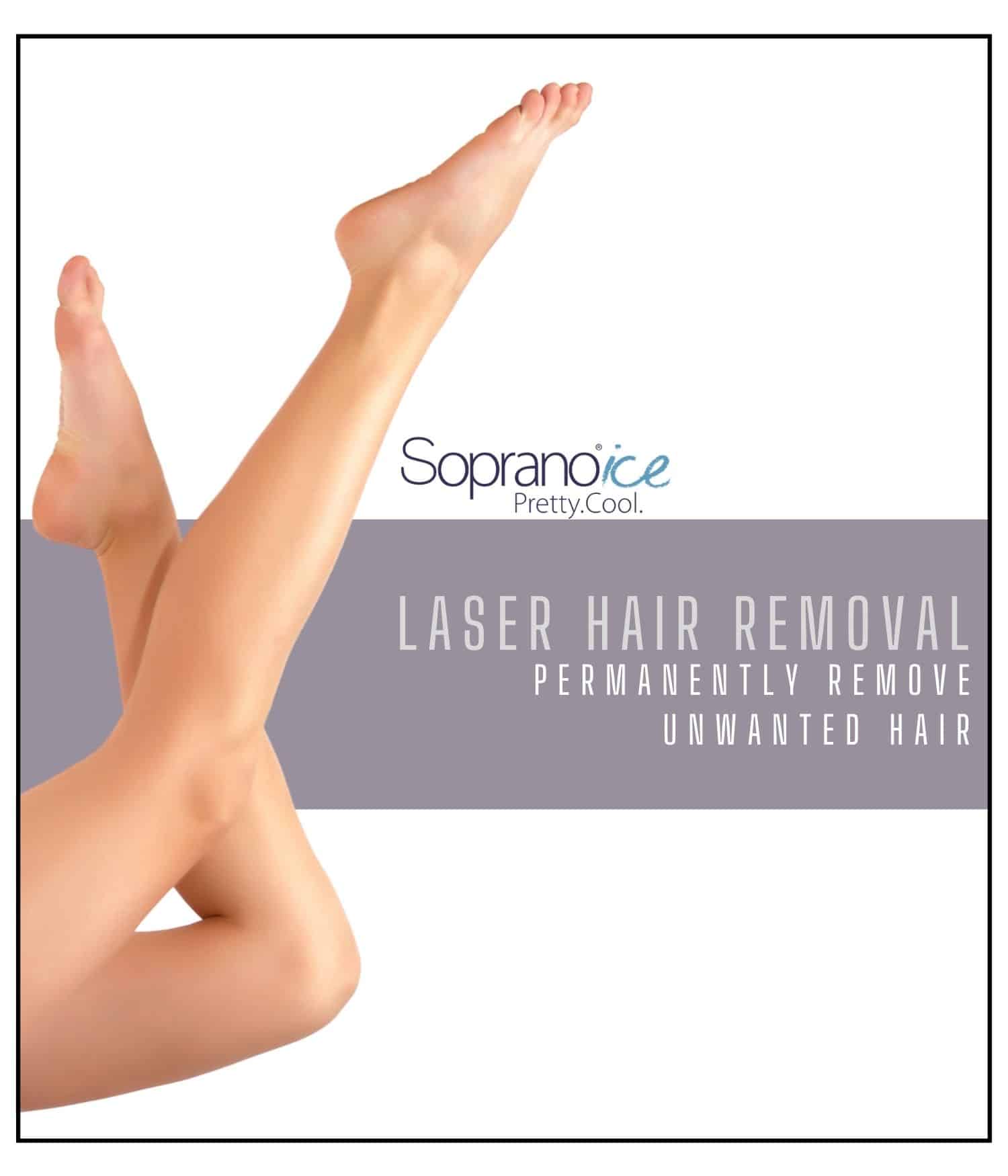 SopranoIce Laser Hair Removal with a woman showing her smooth legs after treatment.