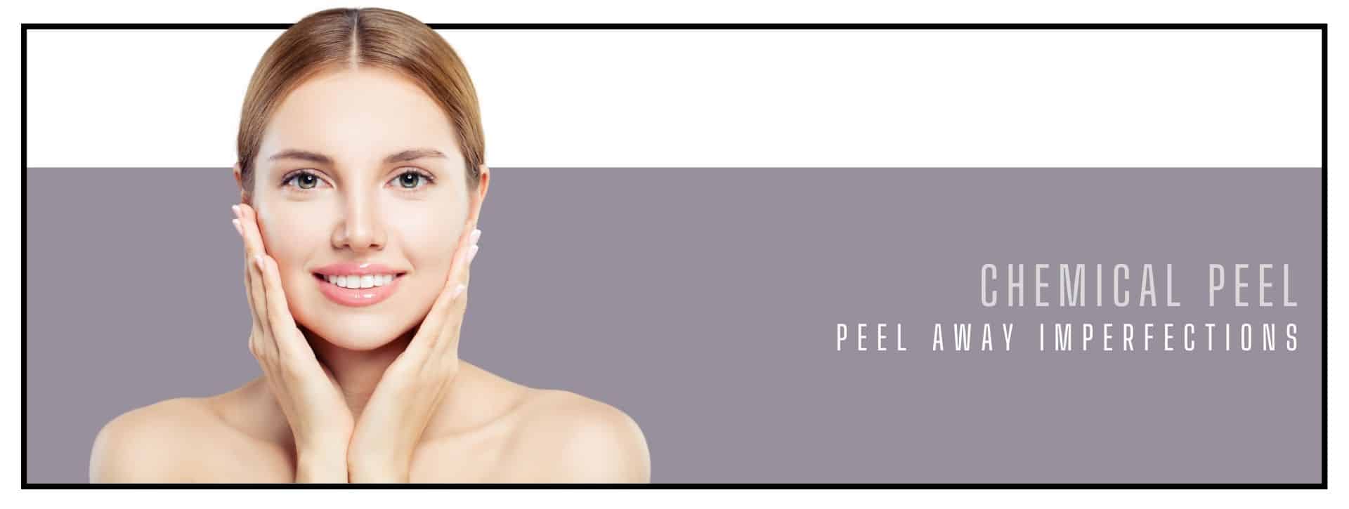 Woman touching her smooth and clear face and smiling after chemical peel.