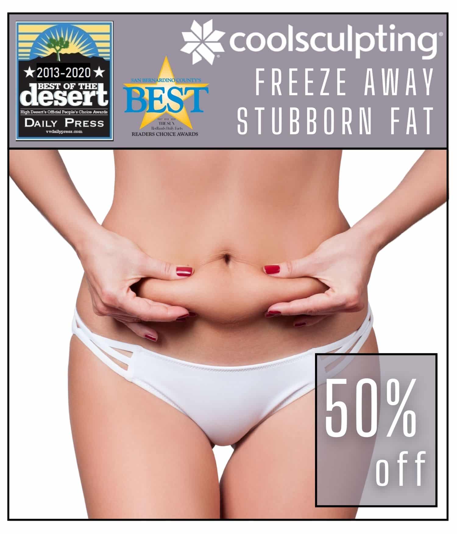 Woman pinches her stubborn fat that she will treat with Coolsculpting at Health First.