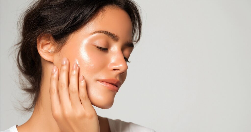 a woman with glowing, radiant skin, gently touching her cheek with her hand