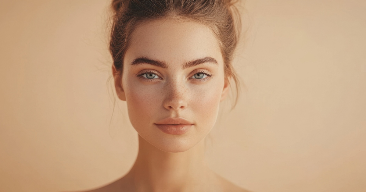 Portrait of a young woman with light freckles, hazel-green eyes, and soft natural makeup.